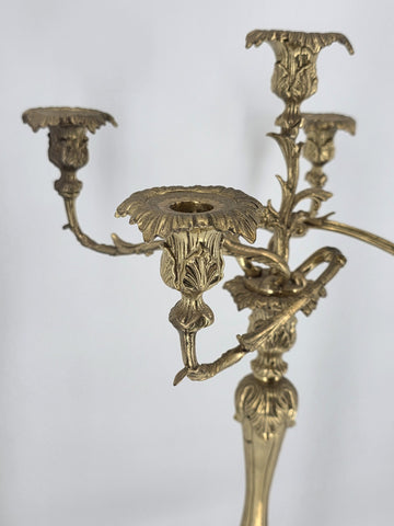 Rare Antique C 1900's XL French Rococo Style Gilt Brass 5 Arm Candelabra 26”