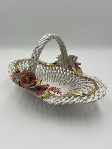 Vintage Capodimonte Italy Porcelain Woven Basket  With Pink Roses & Gold Details