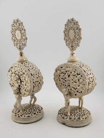 Antique Pair Of White & Gold Tone Metal Glass Hibiscus Filigree Perfume Decanter