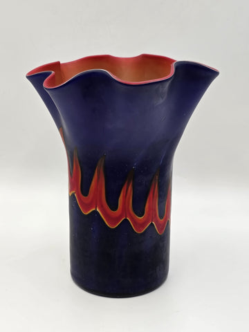 Vtg Azerbaijan Hand-Blown Art Glass Vase 13” Cobalt Red Flame Design Ruffled Top