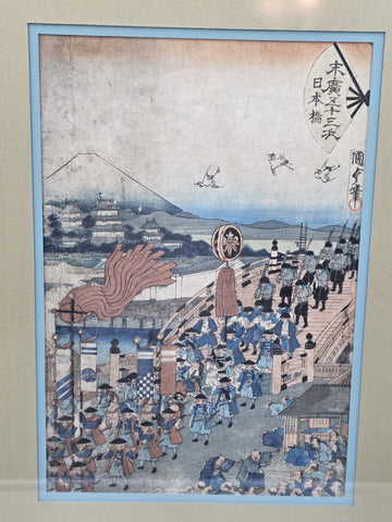 Framed Original 19thC Japanese Woodblock Print Kunisada Tokaido Nihonbashi Scene
