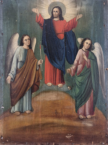 Antique Italian 19th C Catholic Ascension of Christ Oil on Wood Panel w Angels