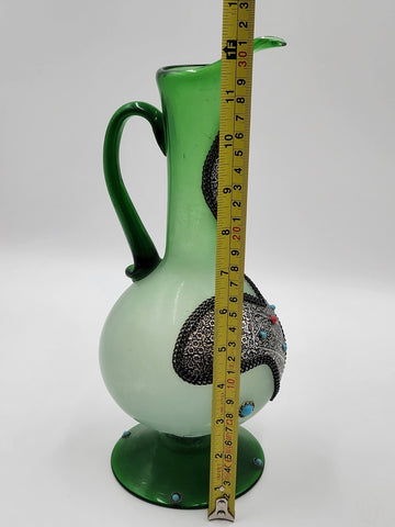 Gorgeous Vintage One Of A Kind Green Emerald Highly Ornate Pitcher & 5 Glasses