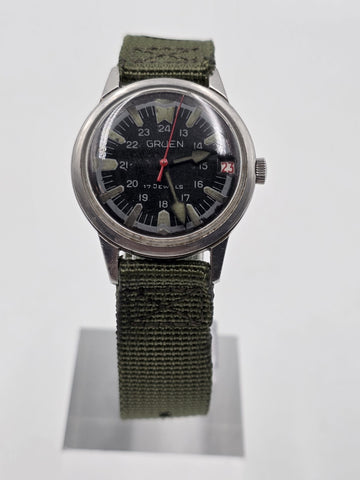 1950's Gruen 17 J Military Field Watch 24 Hour Dial Date Mechanical 35mm. Works.
