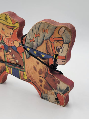 1940'S PULL TOY COWBOY ON HORSE Wood Metal Wheels Gong Bell Mfg.Co.
