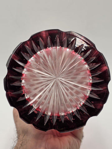 Vtg Bohemian Czech Ruby Cut To Clear Crystal Vase, Large and Heavy Crystal Vase