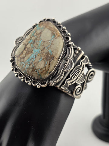 Huge Vintage Oscar Alexius Turquoise Sterling Silver Cuff Bracelet Navajo Signed