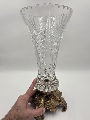 Rare Antique 19th C. Bohemian Cut Crystal Vase on Gilt Rococo Revival Stand