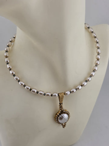 Vintage 1950's Miriam Haskell Glass Pearl Necklace/ Chocker Rhinestone Pendant
