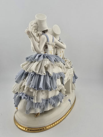 Antique Sitzendorf Dresden Lace Figurine 2 Victorian Ladies Germany Porcelain