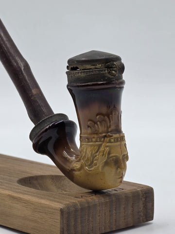Antique C1890 German Figural Ceramic Tobacco Pipe Long Wood Stem Hinged Wind Cap
