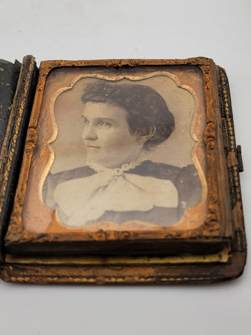 1860's Beautiful Lady Tin Type Fine Gutta Percha Deer Buck Hunter Pocket Frame