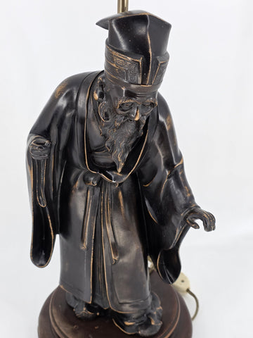 Rare 19th C Antique Japanese Meiji Bronze Sculpture / Lamp Statue of Old Monk