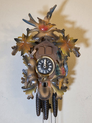 Vtg German Regula Black Forest Hunter Musical Cuckoo Clock 3 Weight Carved. Read