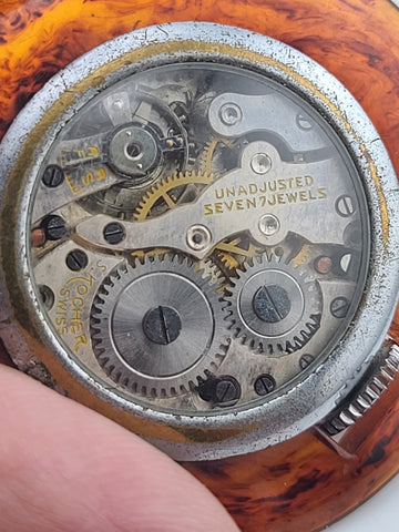 Antique Walker Swiss 43mm Pendant Watch Tortoiseshell Bakelite Necklace 7j. Runs