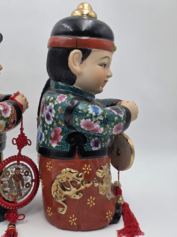 XL 15 inch Vintage Chinese Boy & Girl Prosperity Figurines Pair Good Luck Wealth