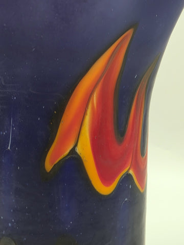 Vtg Azerbaijan Hand-Blown Art Glass Vase 13” Cobalt Red Flame Design Ruffled Top