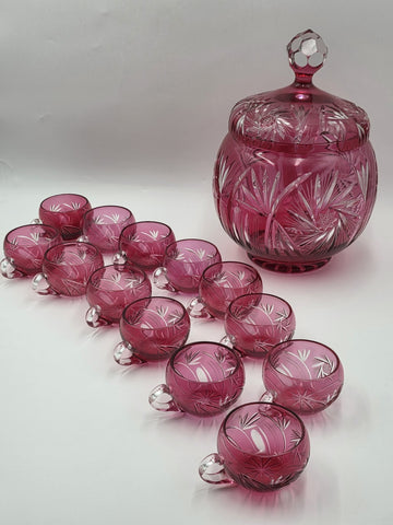 Rare 1940's Vtg Bohemian Cranberry Cut to Clear Crystal Punch Bowl Set w/13 Cups