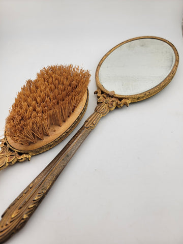 ANTIQUE 19th C Victorian 2-PIECE HANDHELD BRASS MIRROR & BRUSH SET Yellow Enamel