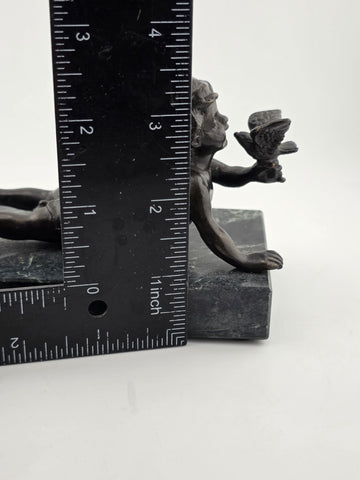 Vintage Small Bronze Child w/ Bird Figurine on Green Marble Pedestal Base Signed