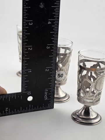 SET Of 4 MID-CENTURY MEXICO STERLING SILVER 3" PIERCED CORDIALS, GLASS LINERS