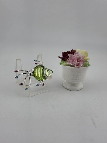 Rare Swarovski Rhodium Plated Green Crystal Fish Brooch Pin W Stafforshire Vase