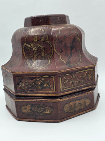 Early 19th C Chinese Qing Dynasty Red Lacquer Wedding Gift Basket Gilt Figures