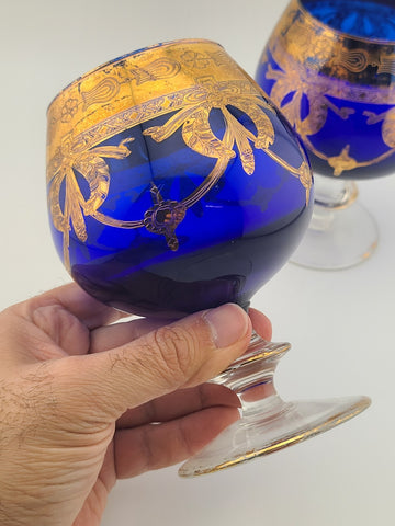 Vintage Arte ltalica Brandy Snifters: Cobalt BlueBlown Glass with Gold