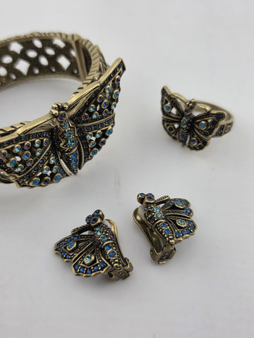 Vintage Heidi Daus Butterfly Garden Crystal Set, Cuff Bracelet, Ring & Earrings