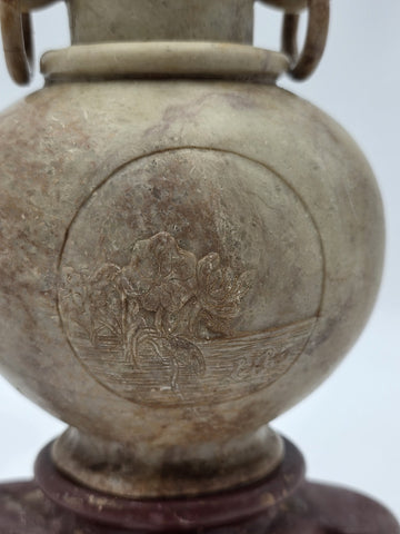 Antique Chinese Carved Hardstone Vase Elephant Ring Handles Stone Stand 12"
