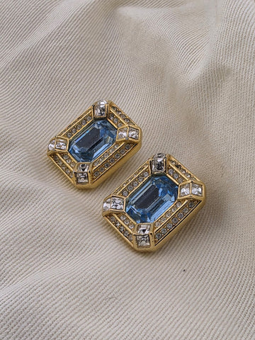 Vintage Christian Dior Blue Crystal Rhinestone Gold Tone Clip On EARRINGS Signed