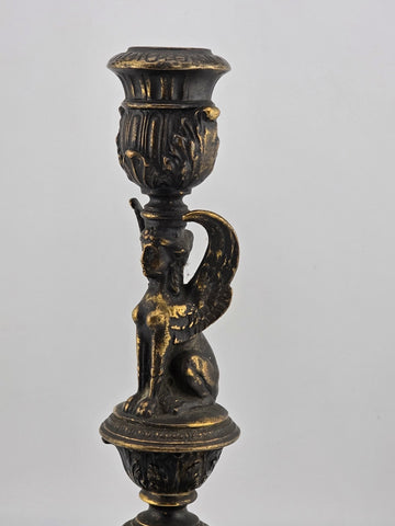 Ultra Rare 19th Century Egyptian Revival Gilt Bronze Sphinx Candlestick Holders