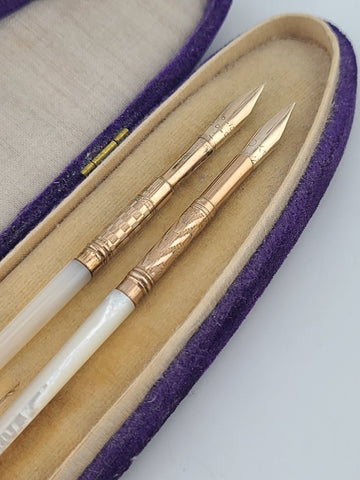 Antique 1890's Victorian Mother of Pearl Dip Pen Set 10K Solid Gold  Nibs W Case