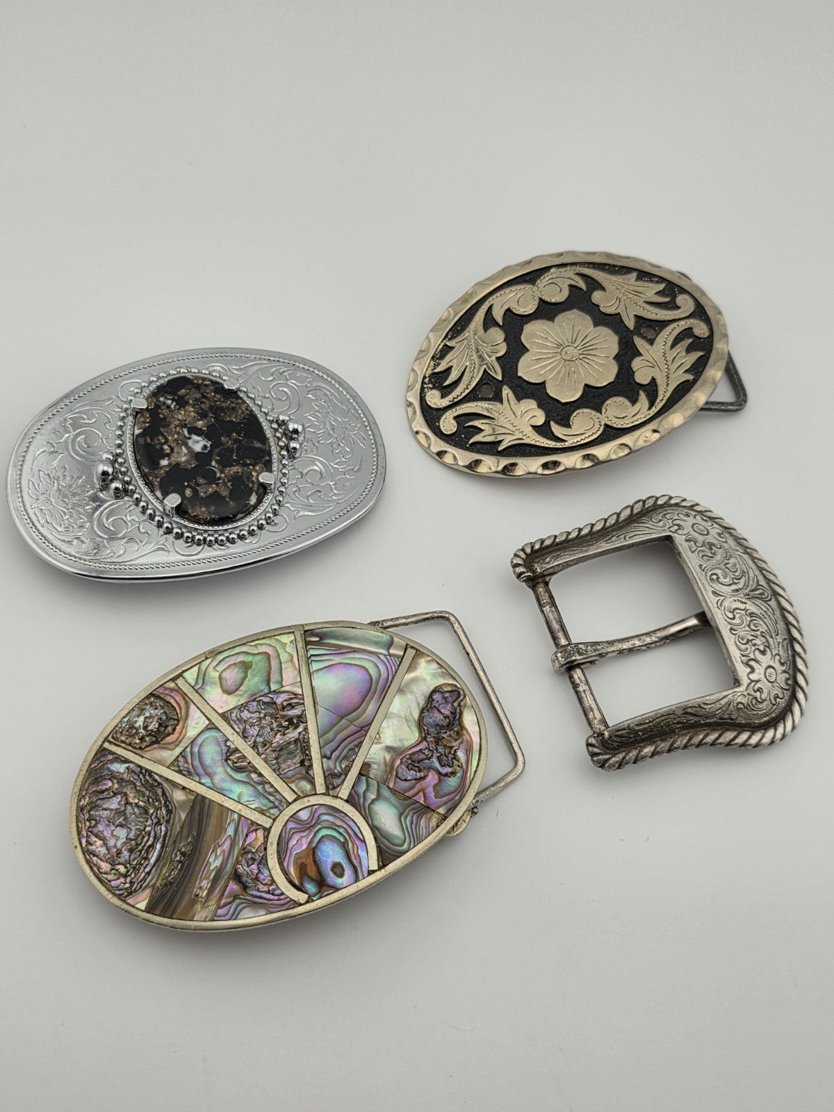 Vintage Western Belt Buckle Lot Abalone Mexico Stone Floral Cowboy 4 Pc Lot.
