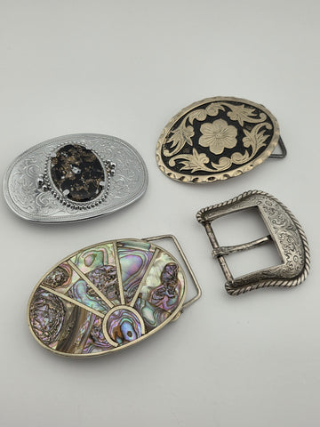 Vintage Western Belt Buckle Lot Abalone Mexico Stone Floral Cowboy 4 Pc Lot.