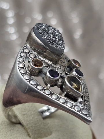 Nicky Butler Sterling Silver Ring Druzy Quartz Gemstones Signed NB India Size 10