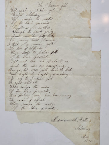 Rare OOAK 1847 Handwritten Poem “The Indian Girl” Signed Salisbury Massachusetts