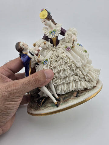 Vintage Sitzendorf Germany Lace Porcelain Courtship Scene Figurine Crown Mark.