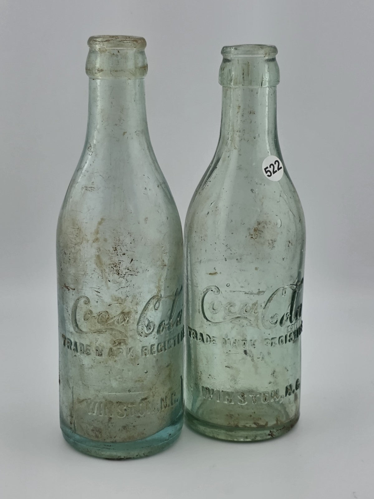 Rare Pair Antique 1900-1915 Embossed Coca-Cola Bottles Winston NC Aqua Glass