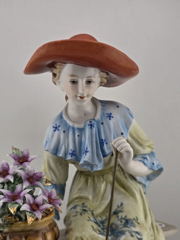 Vintage Dresden RK Germany Large Porcelain Figurine Lady W Parasol Flowers 12”