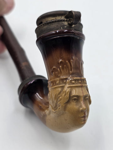 Antique C1890 German Figural Ceramic Tobacco Pipe Long Wood Stem Hinged Wind Cap