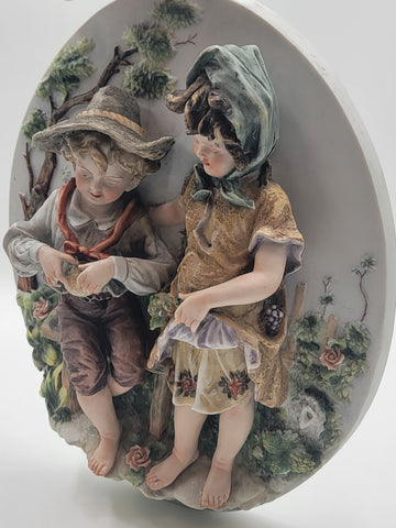 Antique German Bisque 3D Wall Plaque Framed High Relief Germany Children.