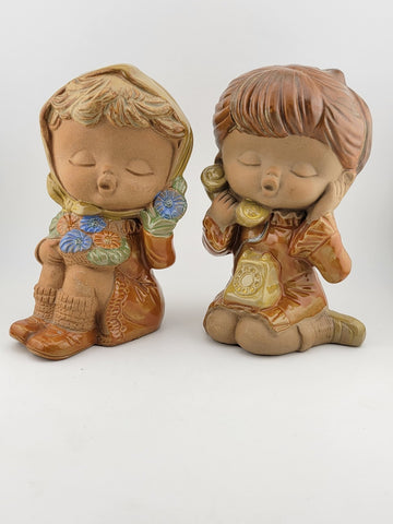 Vintage Set Of 2 Genuine Stoneware Girl Figurines Terracotta Made In Japan
