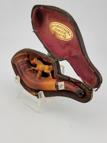 Antique 19th C ECHT German Meerschaum & Amber Pipe Horse Theme W Original Case.