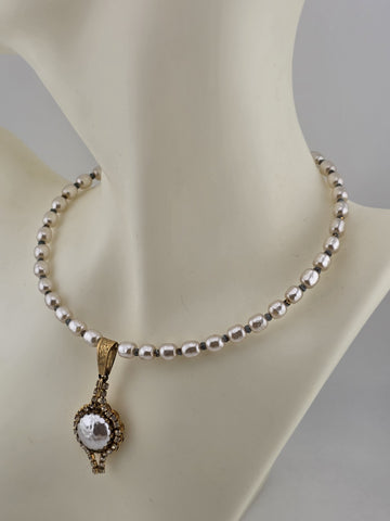 Vintage 1950's Miriam Haskell Glass Pearl Necklace/ Chocker Rhinestone Pendant