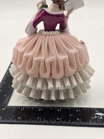 Vintage German Dresden Style Porcelain Lace Lady Figurine Fan Rose 7"