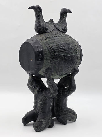 Antique Old China Bronze Ware Dynasty Dragon Head Kneel People Drum Statue 15 in