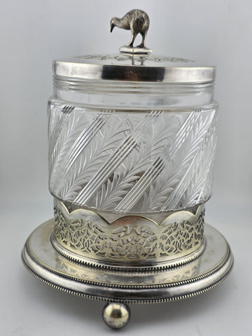 Rare 1880s Antique Hukin & Heath Biscuit Jar Cut glass & Silverplate W Kiwi Bird