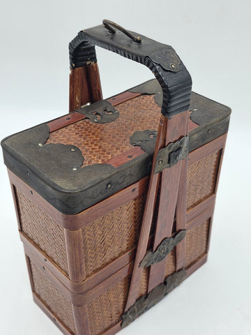 Antique Japanese Meiji Bamboo Picnic Basket Bento Box Woven Basket Complete Case