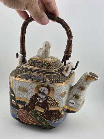 Vintage Satsuma Japanese Samurai Hand painted Teapot Wicker Handle W Lid.